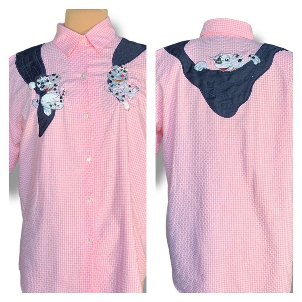 Vintage 80s Embroidered Shirt Pink GinghamTop Plaid Button Up Dalmatian Puppy